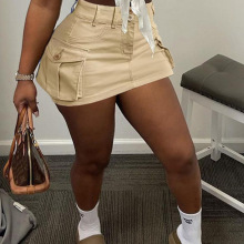 2024跨境新款独立站i欧美风高腰显瘦纯色性感超短口袋工装半身裙