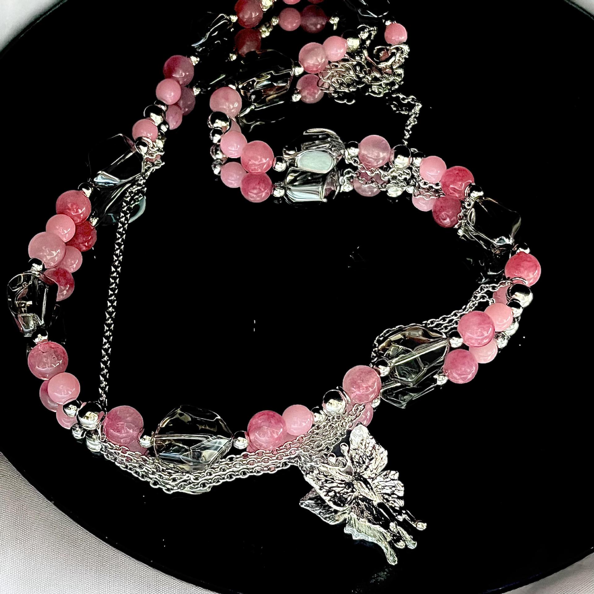 Fashion Pink Alloy Pink Tourmaline Beaded Butterfly Double Necklace