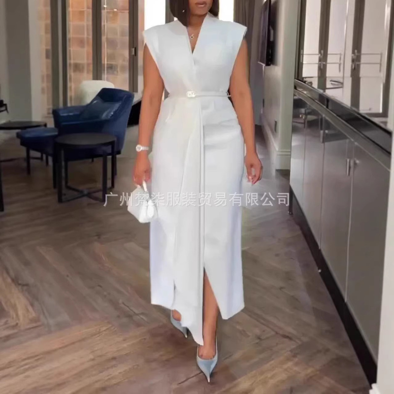 In-Stock Foreign Trade 2026 Amazon Elegant High-End Professional Suit Solid Color Tie-Waist Sleeveless Dress for Women