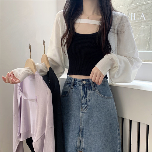 Korean sling outer air-conditioning blouse ice silk long-sleeved knitted sun protection cardigan women's thin short jacket summer