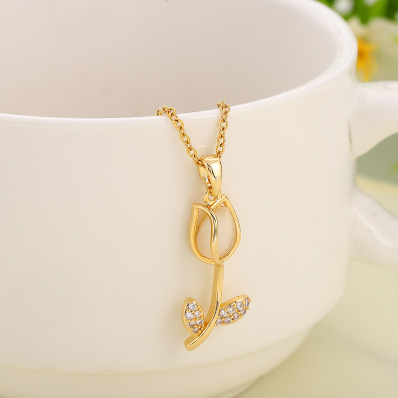 Daily Occasion Titanium Steel Material Wholesale Jewelry Casual Simple Style Tulips Titanium Steel Cat's Eye Stone Zircon Inlay Cable Chain Pendant Necklace