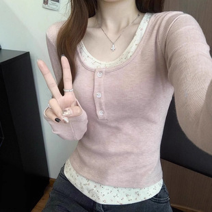 Pink Floral Fake Two-Piece T-Shirt for Women in Spring and Autum, Tight-Fitting Bottoming Shirt for Small People, Right Shoulder Waist, Inner Top for Women
