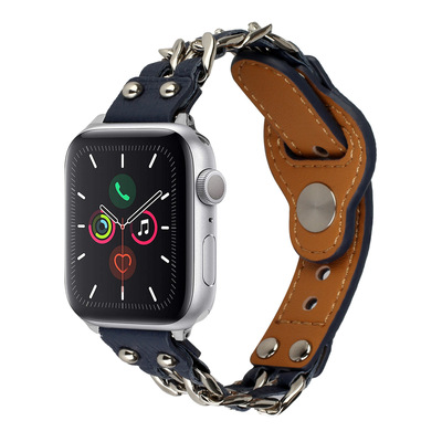 適用 蘋果手表iwatch7654321se代反扣手表帶個性鉚釘牛仔鏈皮腕帶