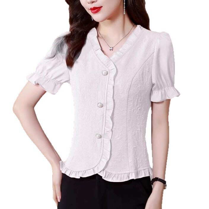 新中国式vネックのシフォンのシャツの女性2025夏の新型のデザイン感の木の耳元は半袖の小さいシャツを合わせます。|undefined
