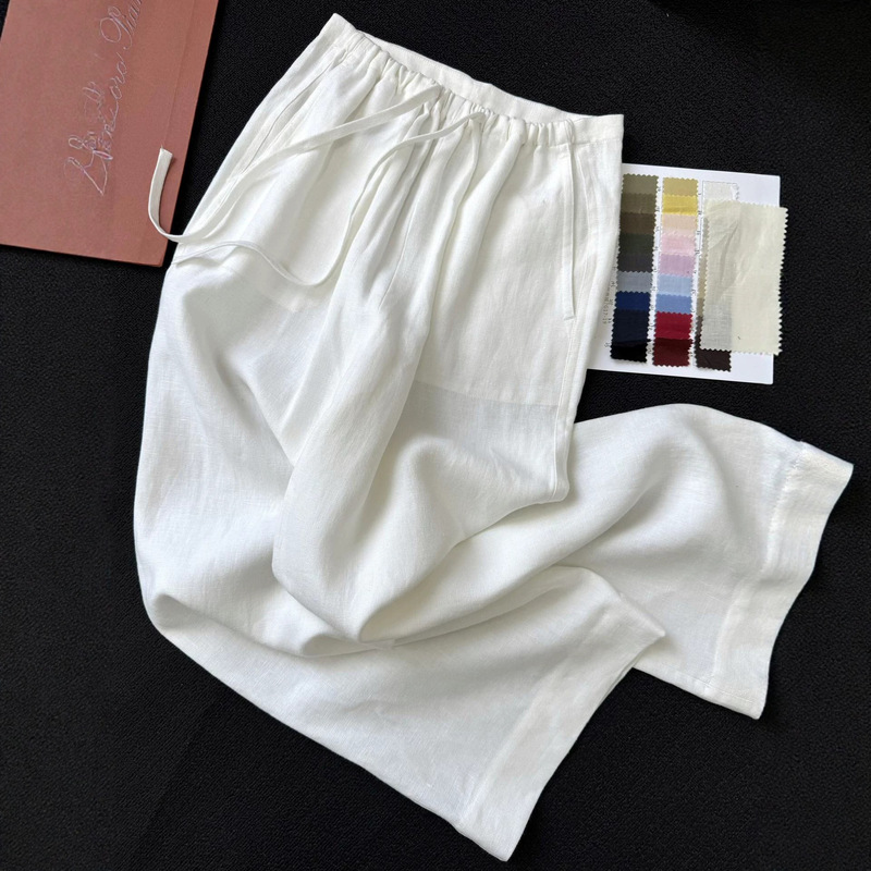 French-Made Linen Spring/Summer Wide-Leg Pants, Hip-Covering and Slimming, with Lining That Won'T Show Through, Old Money Style Casual Pants with a Sense of Design