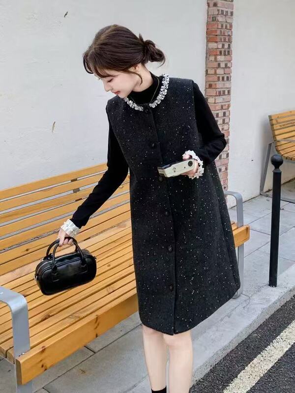 小香风镶钻背心裙女长袖打底衫两件套装2025秋季新款单排扣连衣裙|undefined