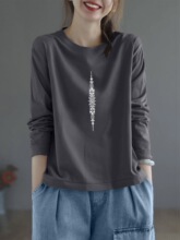 品牌外贸剪标100%纯棉印花长袖t恤女休闲显瘦文艺减龄打底上衣秋