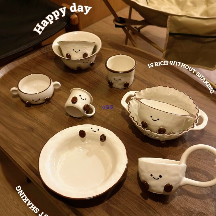 Small Pottery Underglaze Cocoa Bean Ceramic Tableware High-Value Home Dining Plate Rice Bowl Yogurt Bowl Coffee Cup