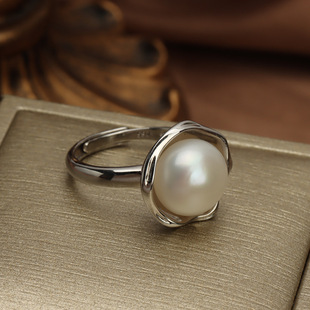 Simple Opening Adjustable Size Natural Freshwater Pearl Ring Steamed Bread Beads Inlaid with S925 Whole Body Sterling Silver