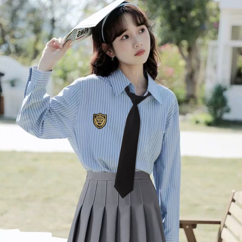 韩系jk制服蓝色条纹衬衫女学生外穿长袖上衣设计感小众百褶裙套装|undefined