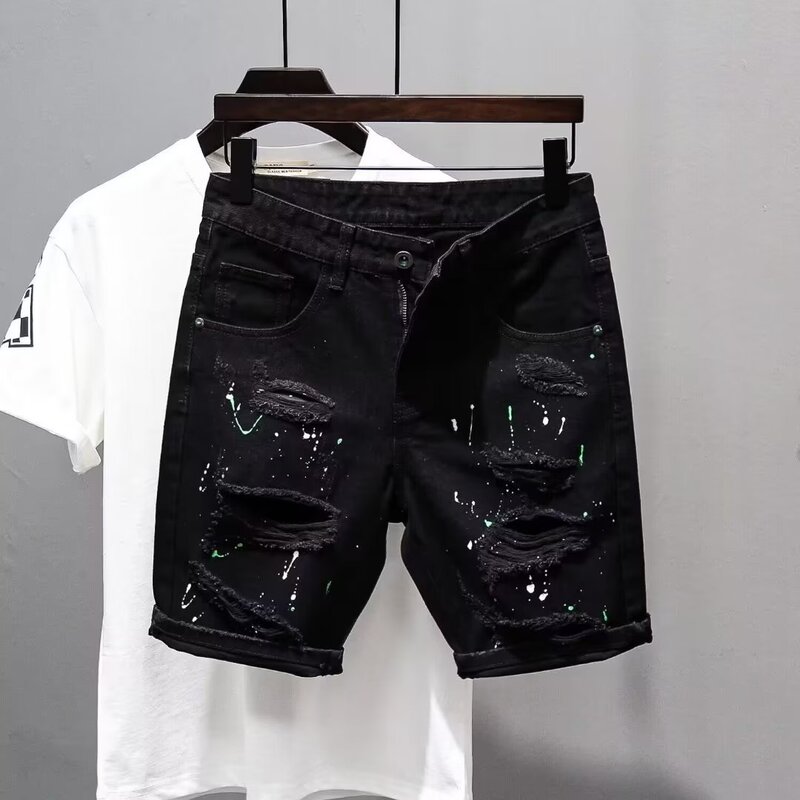 Summer Ripped Thin Denim Shorts for Men, Black Versatile Trendy Washed Slim-Fit Knee-Length Pants, Loose Fit for Young People