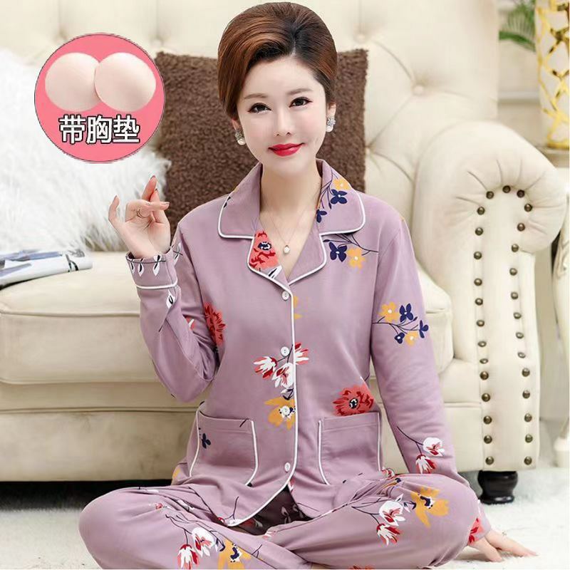 100% pijamas de algodón traje de mujer con almohadilla en el pecho Primavera y otoño pantalones de manga larga dulce simple de dibujos animados prendas de vestir exteriores homewear