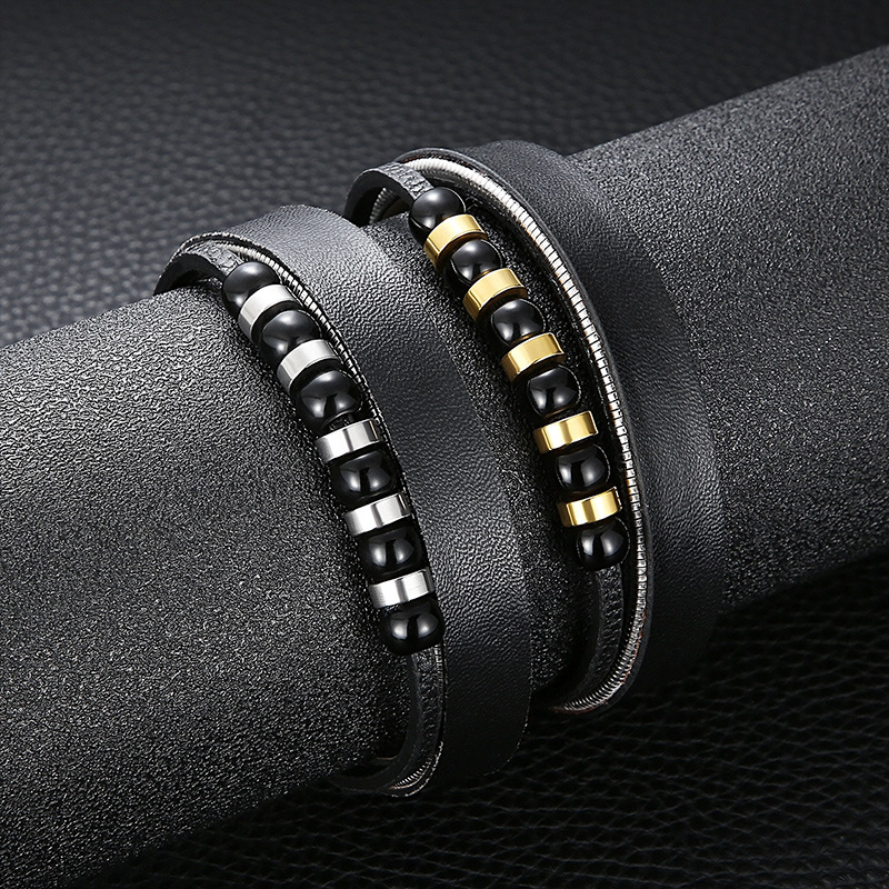 Retro Geometric Stainless Steel Cowhide Beaded Plating 18K Gold Plated Men's Bracelets display picture 6