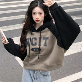 2022早秋薄款连帽卫衣女美式拼接字母印花设计感宽松百搭长袖上衣
