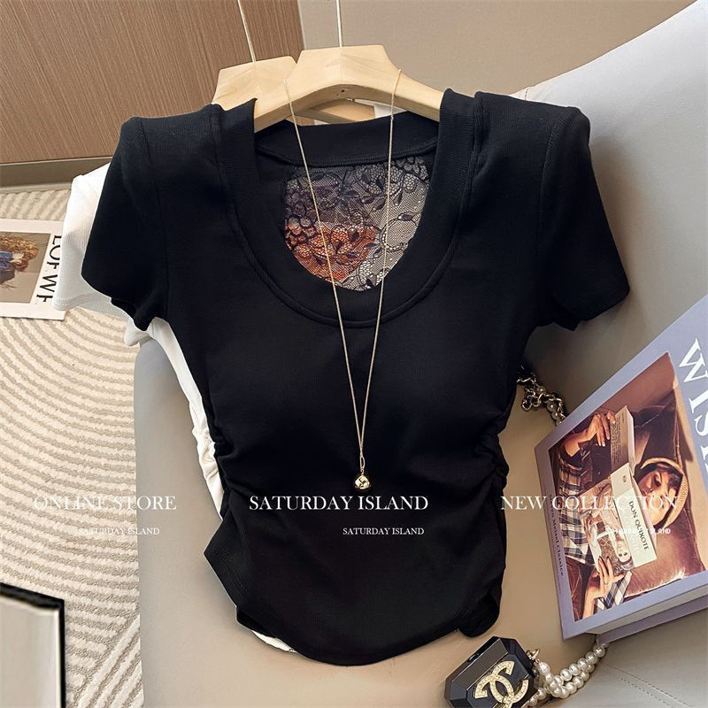 French-Style Lace Patchwork U-Neck Short-Sleeve T-Shirt for Women, 2026 Summer New Pure Desire Style Pleated Waist-Cinching Top