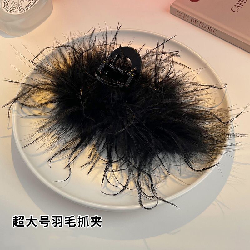 スーパーフェアリーフェザーヘアクリップ後頭部用大型ダチョウの羽ヘアクリップブラック2025新しいハイエンドサメクリップ女性用|undefined