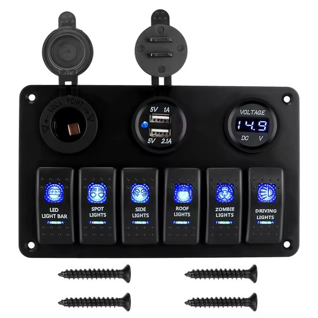 Interruptor universal transfronterizo de RV de 6 lugares, barco, automóvil yate con voltímetro de toma de carga USB dual montado en el vehículo