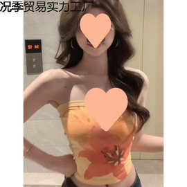 美式复古无袖抹胸吊带背心女夏季辣妹外穿紧身短款露脐印花小上衣