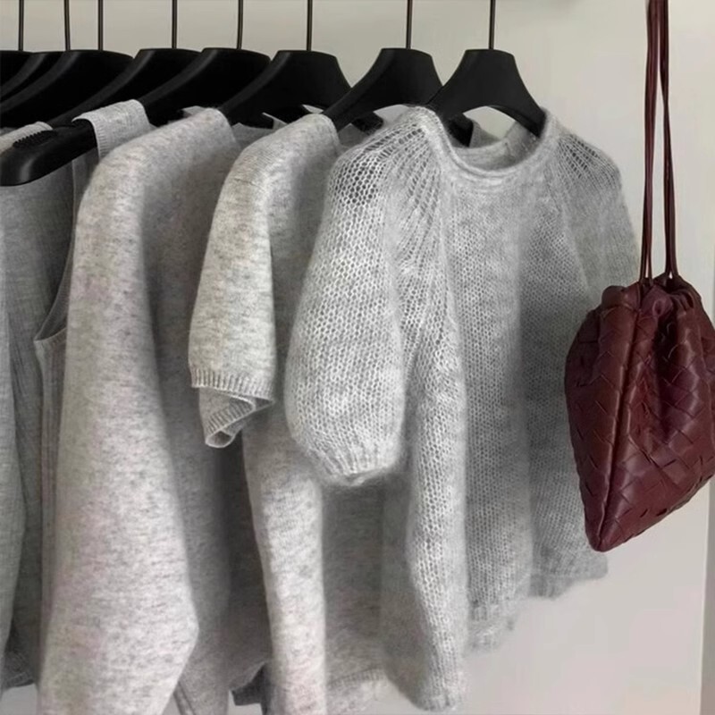 light gray Bubble Sleeve Mhair Short Sleeve Sweater Women's Autumn and Winter High-end Crewneck Pullover Short Sweater Top