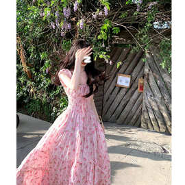 摩洛哥花园 夏季掐腰碎花连衣裙女显瘦连身裙子 高腰温柔风长裙子
