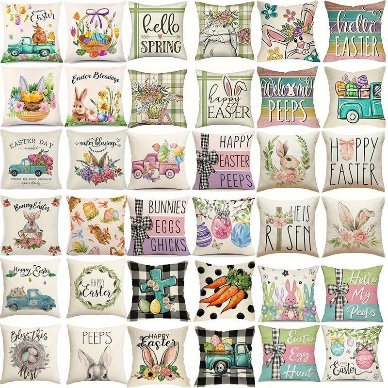 Cross-border Easter Rabbit Easter Egg Print Linen Pillow Case Easter Festival Party Decoration Sofa Cushion Cover