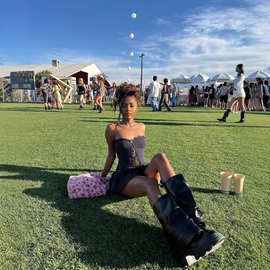 2025欧美跨境新款细条纹抹胸睫毛蕾丝镂空蝴蝶结荷叶边短裙HY168