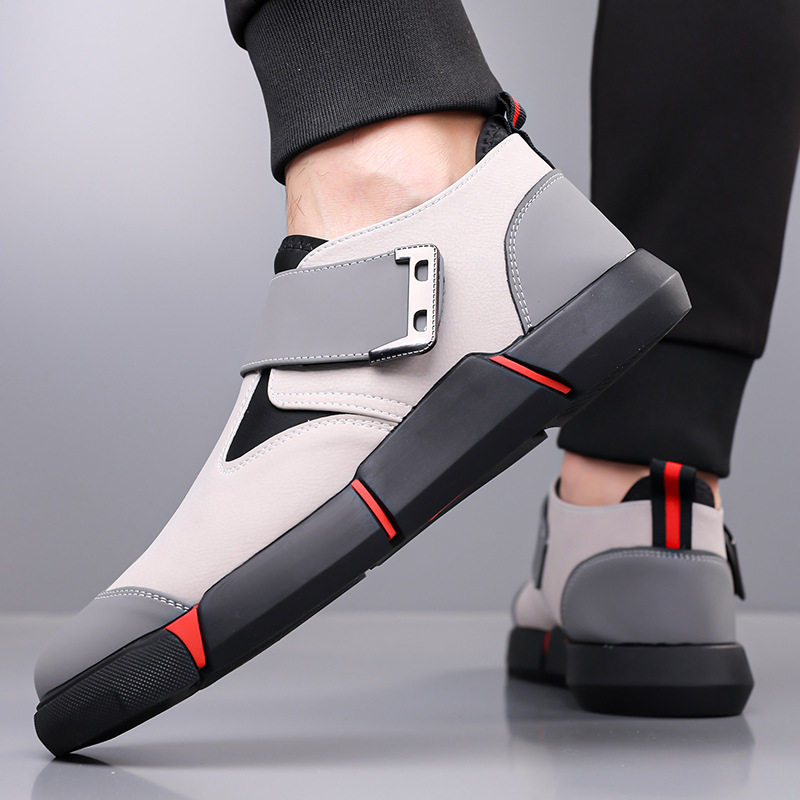 Giày lười nam da PU mũi tròn khóa Velcro chống trượt, đế cao 3 cm — Kaki, Màu đen