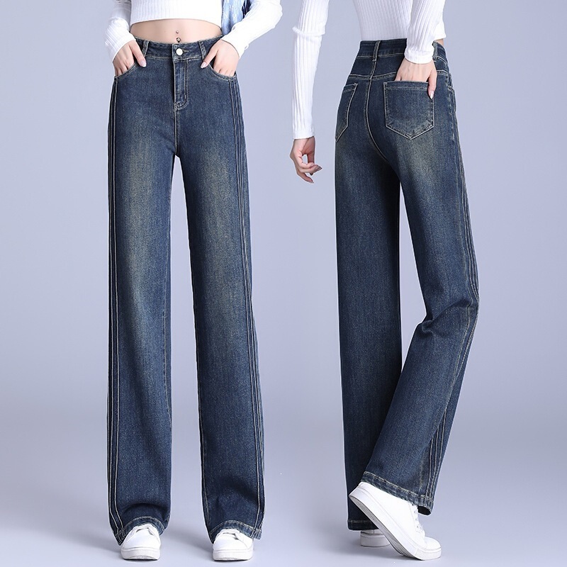 Straight-Leg Jeans for Women, 2026 Spring/Summer New Style, Plus Size, Slimming, High-Waisted, Loose Fit, Drapey, Side-Striped Wide-Leg Pants