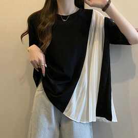 大码百褶雪纺拼接短袖T恤女夏季新款胖MM遮肉宽松显瘦别致上衣服