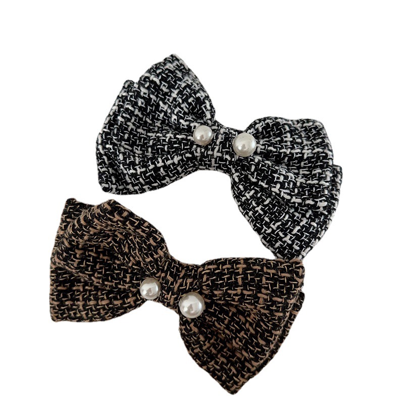 Französisches Karomuster, große Perle, Schleife, schwarz-weiß, Kopfbedeckung, Haarnadel, elegantes Hinterkopf-Frühlingsoberteil, kariertes Herbst- und Winterhaar_voghion.com