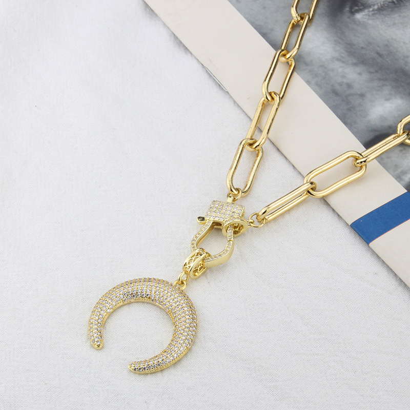 Cross-border New Arrival Hip Hop Cool Crescent Full Zirconium Necklace Men And Women Spot European And American Simple Copper-plated Gold Inlaid Zirconium Sweater Chain display picture 3