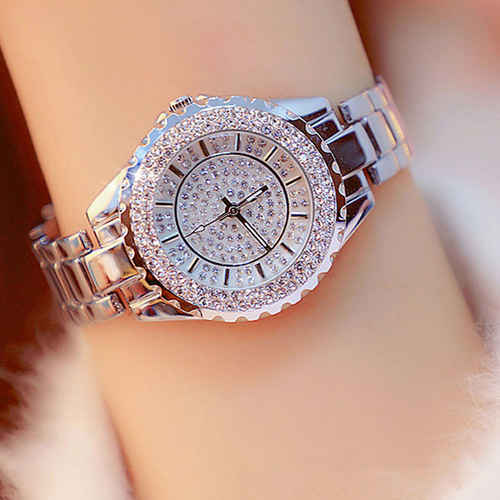 Women's watch with ultra-glitter base and diamond-set English watch + versatile diamond-set bow beaded bracelet 2pcs/set