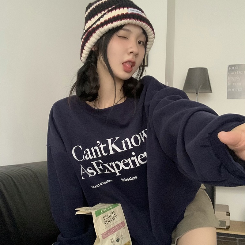 美式复古圆领加绒加厚卫衣女秋冬季减龄显瘦字母印花绒衫套头外套|undefined