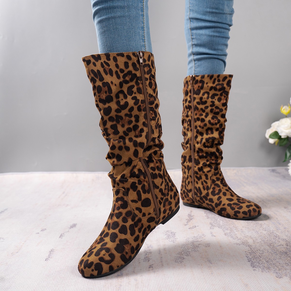 Leopard print flat heel round head side zipper mid-calf boots Winter warm vintage plus size fashion boots for women_voghion.com