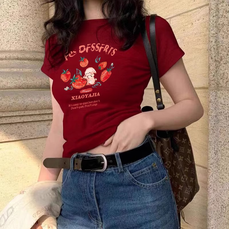 アメリカンレトロショルダー漫画イチゴバニー半袖Tシャツレディース夏の新しい甘いホットガールカジュアル多用途トップ|undefined
