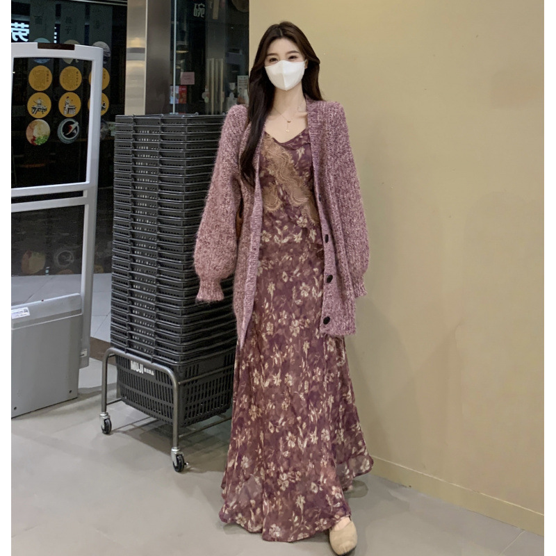 大码软糯开衫宽松大版毛衣外套温柔气质碎花裙连衣裙女无袖长裙|undefined