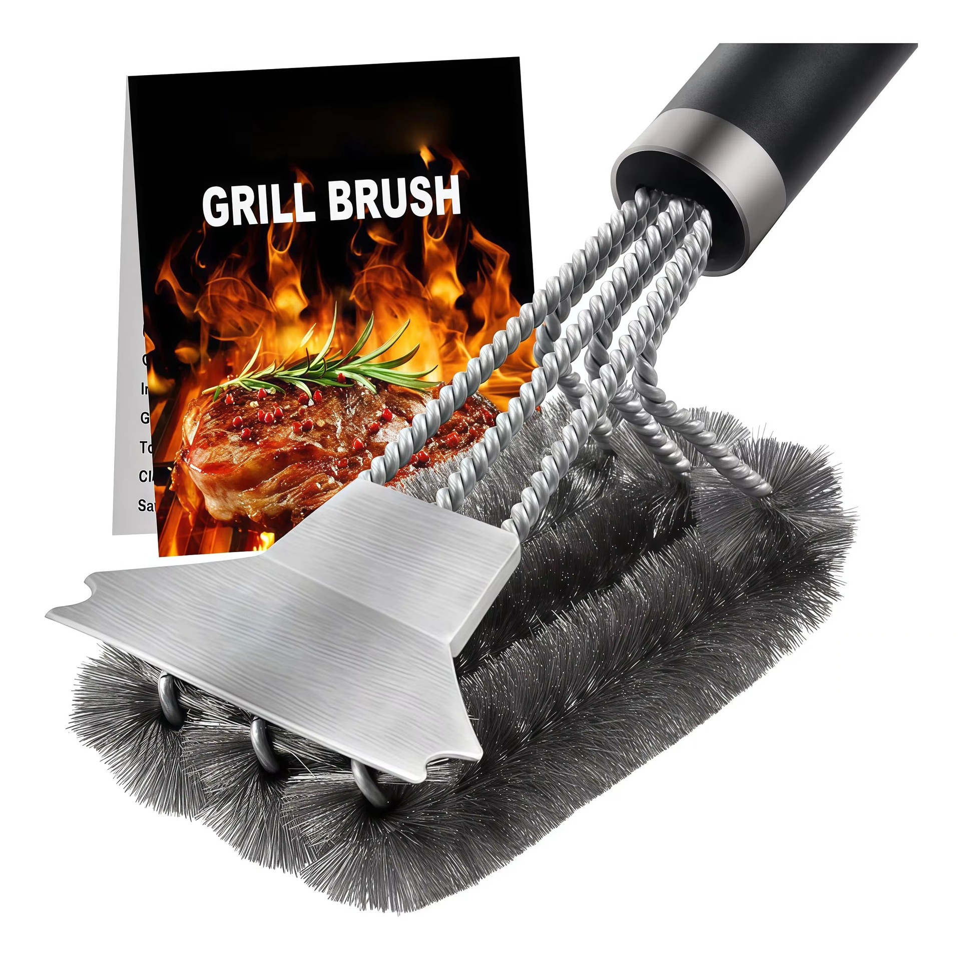 Cross-Border Stainless Steel Wire Brush Barbecue Cleaning Brush Oil Brush Barbecue Grill Brush Barbecue Brush Tool Four-Head Wire Brush