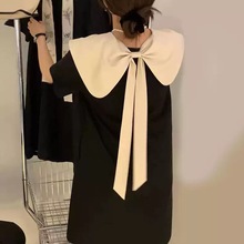 韩国东大门2024夏新款前后两穿撞色娃娃领蝴蝶结连衣裙女黑色裙子