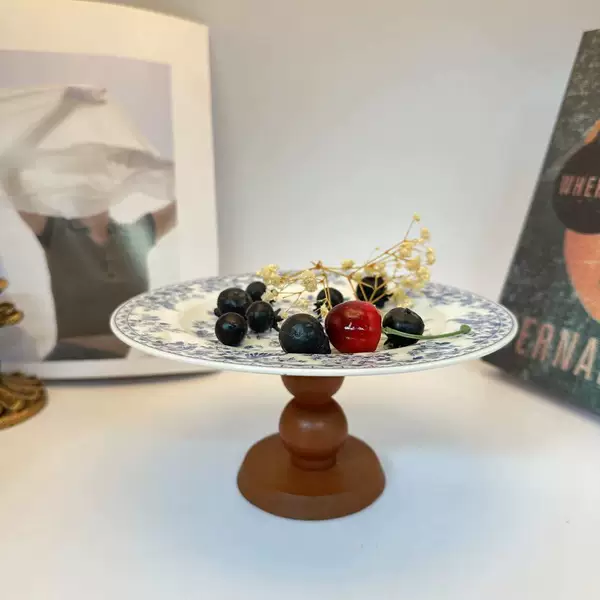 French Vintage Blue and Flower Ceramic Wooden High-foot Plate Aromatherapy Refreshment Fruit Storage Tray Home High-end Ornaments