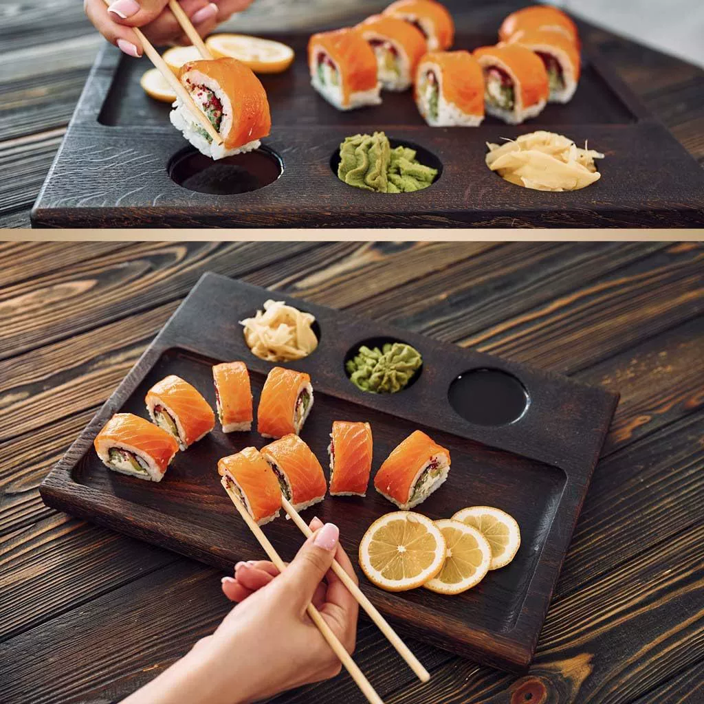 Деревянный поднос для домашних вечеринок, сервировки блюд, с выемками для соуса для барбекю, прямоугольная деревянная подставка для суши, простой стиль.