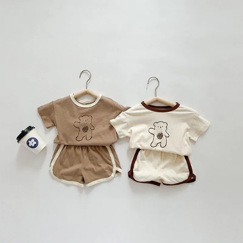 ins Korean style summer male and female baby two-piece set cute cartoon waving bear short-sleeved shorts home clothes set