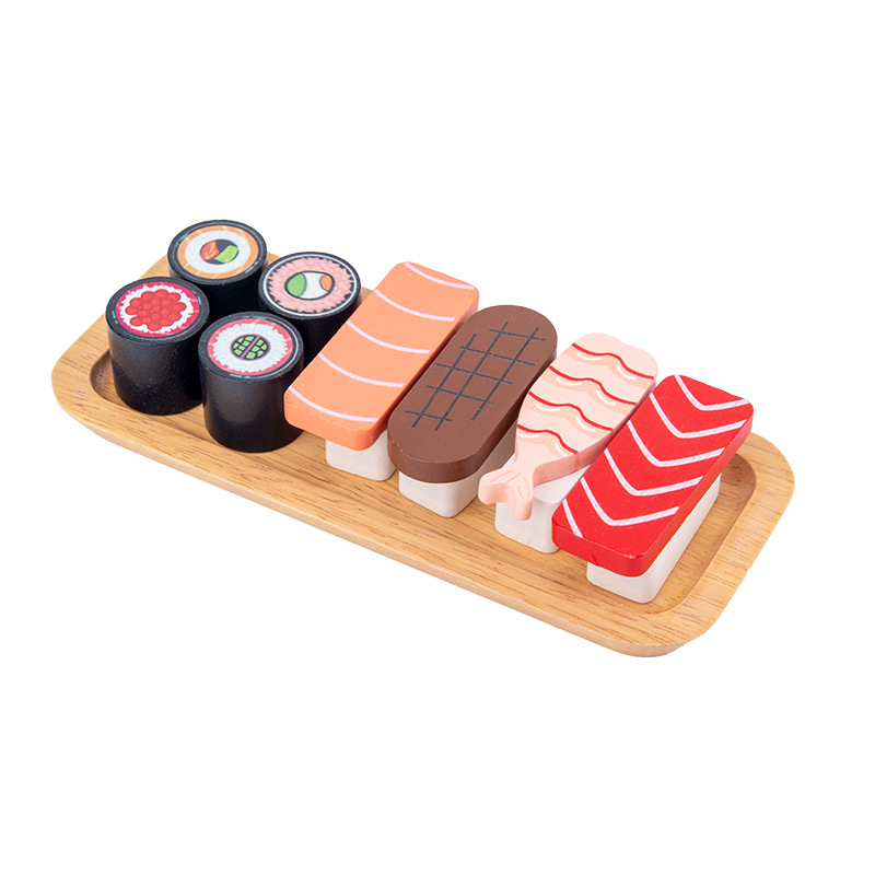Bandeja de sushi de juegos para niños transfronterizos, imitación de madera de haya, 52 piezas de vajilla, taza de té, cuchara, palillos, tazón, juguete