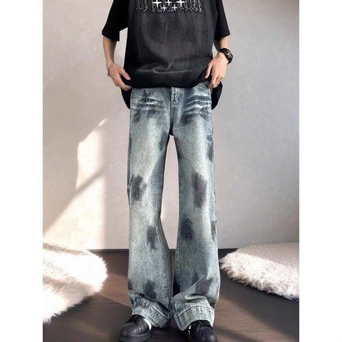 Cross-border retro dirty design, worn-out straight-leg jeans for men and women, high street slimming, ripped, frayed, wide-leg, drooping feeling.