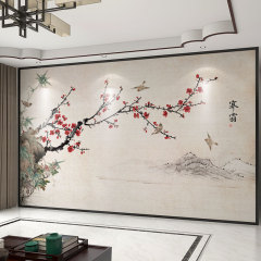 墙纸3d立体中式梅花电视背景墙壁纸客厅花鸟壁布装饰墙布壁画