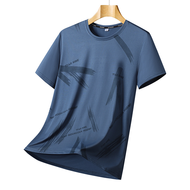 Camiseta de manga corta de secado rápido de seda de hielo impresa para hombres, aire acondicionado transpirable de verano, ocio elástico, fresco, deportes, tops sueltos para hombres