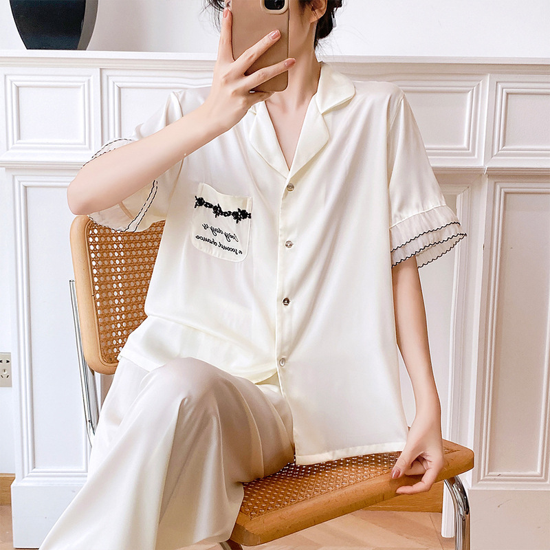 High-End Elegant Ice Silk Short-Sleeved Long Pants Pajamas for Women 2026 New Fashion Luxury Home Wear Two-Piece Set