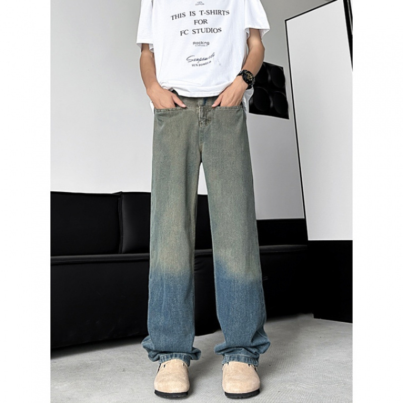 Gradient Washed Jeans Ins American Style Hong Kong Style Puppies Handsome Pants Men's All-match Trendy Brand Loose Wide Leg Pants