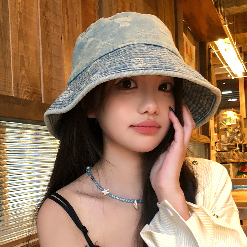 Retro vaquero lavado sombrero pescador primavera y verano mujer cabeza grande versátil mostrando la cara pequeña sombrero de cuenca japonés sombrero de cubo de agua