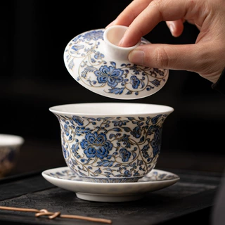 景德镇青花瓷缠枝莲三才盖碗功夫茶具家用泡茶碗单个陶瓷敬茶杯