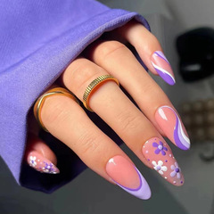 Cute floral almond-shaped wearable nails European and American ins style sweet purple simple French manicure fake nails wholesale